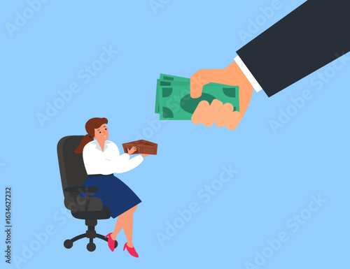 big hand gives money to businesswoman with empty wallet   .salari credit investment wages concept.vector illustration