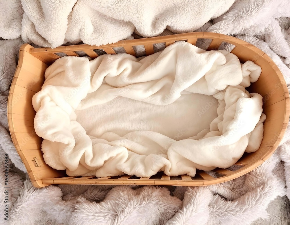 Obraz premium Empty Wooden Baby Bassinet with Soft White Blankets