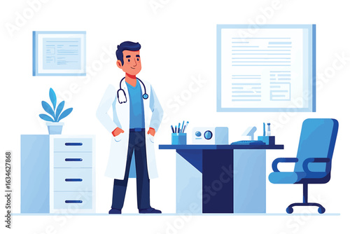 Male doctor character standing in a modern clinic office. Healthcare vector illustration.