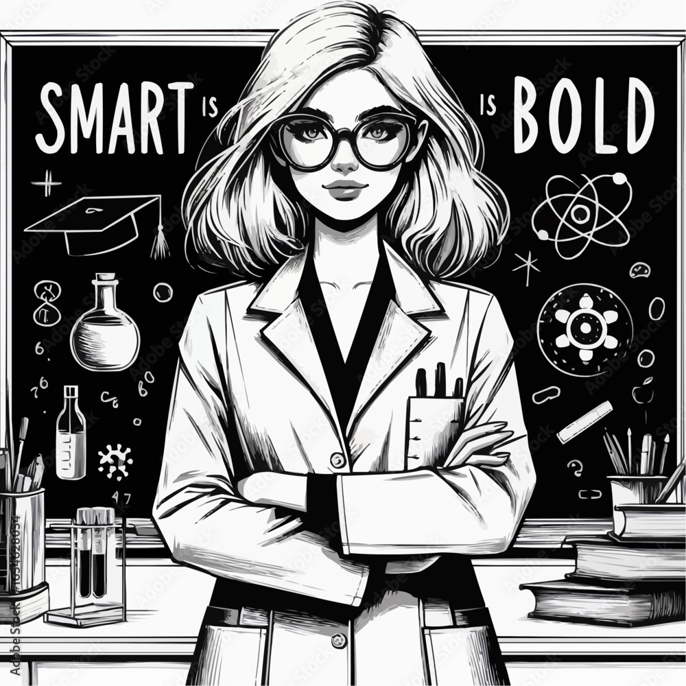 Fototapeta premium Confident female scientist promoting intelligence and boldness in educational environment