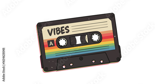 Minimalist Vector Illustration of Cassette Tape with Vibes Text and Rainbow Stripes in Retro Style