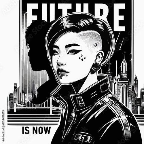 Futuristic woman with edgy style and bold expression showcasing the message "Future is Now"
