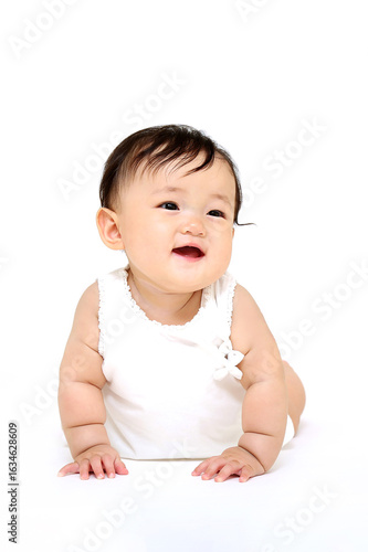 白背景の前をハイハイする赤ちゃんの正面クローズアップ