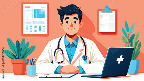 Vector illustration of a male doctor sitting at a desk in a medical office with a laptop and stethoscope.