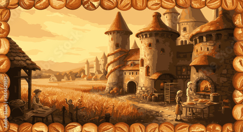 Fantasy landscape of a medieval kingdom with a castle, a village bakery, and golden wheat fields in a pixel art style.