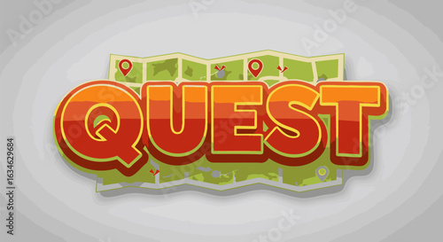 Colorful 'Quest' lettering on a folded map background with location pins. Vector graphic for adventure games or exploration.