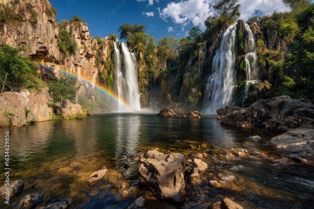 Obraz premium Vivid rainbow arches over the majestic Chupi waterfall amidst lush rainforest landscapes in San Miguel de Allende, Brazil, capturing the vibrant beauty of nature.