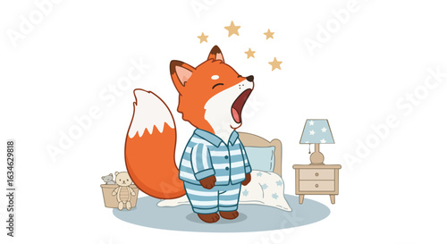 Cute Animal Vector Illustration of a Fox in Pajamas with Stars in Modern Cartoon Style with Soft Blue and Orange Colors