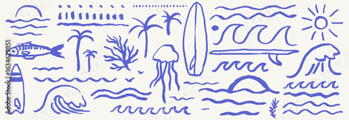 Hand drawn doodle beach, wave and surf vector drawing set. Tropical coastal illustrations like palm trees, waves, surfboards, and sun perfect for summer designs, t-shirts prints, posters, and placards