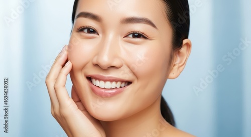 Closeup portrait of a happy and radiant young asian woman with a beautiful smile, showcasing healthy, glowing skin and natural beauty