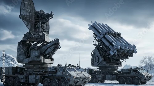 Two military vehicles with missile launchers  radar systems in a snowy landscape