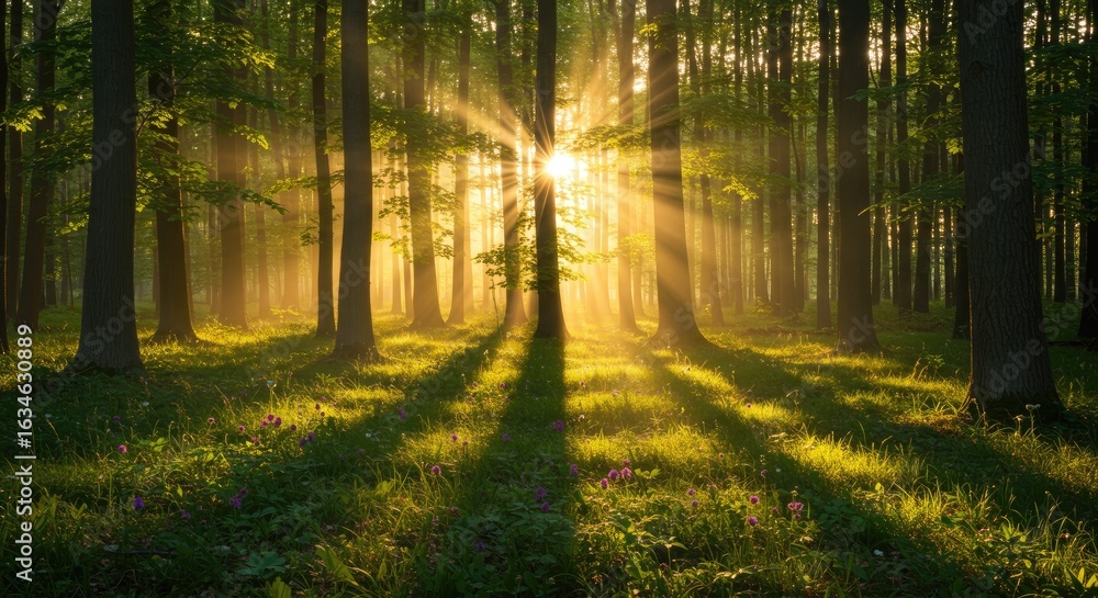 Fototapeta premium A peaceful forest illuminated by golden sunlight streaming through the canopy