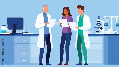 Scientists and patient discussing medical results in a research laboratory vector illustration