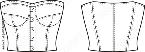 Corset flat vector illustration, CAD drawing, women's lingerie design, button front corset, fashion technical drawing, apparel template, front and back views