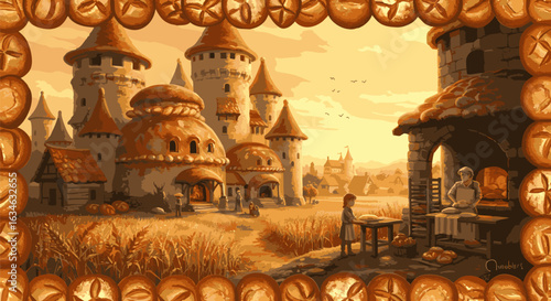 Pixel art landscape of a fantasy bread village with a baker's market stall and a castle in the background