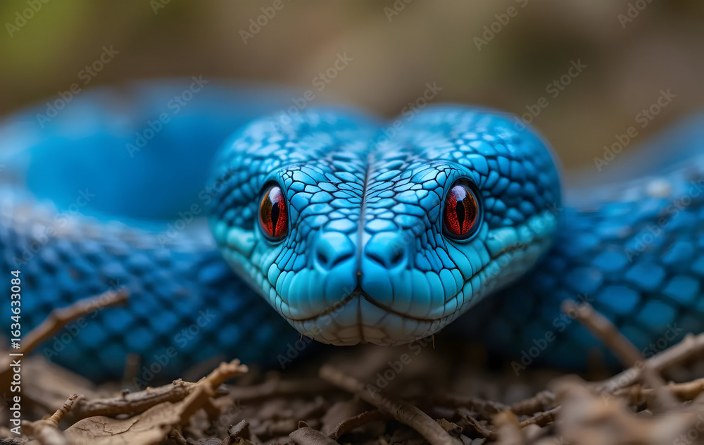 Fototapeta premium Blue Viper Close-up with Intense Red Eyes in Natural Habitat