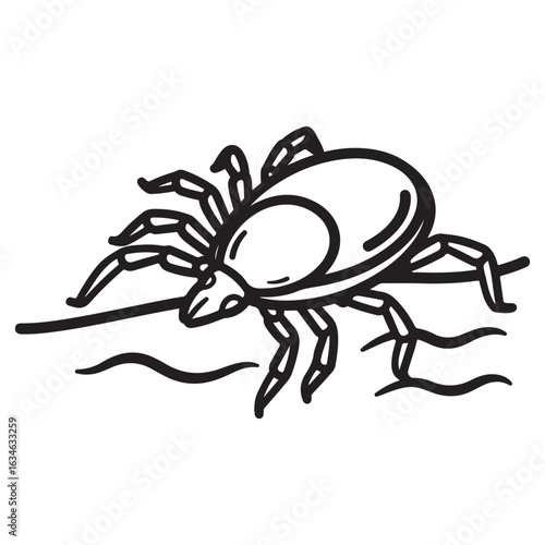Illustration of a tick crawling on skin, black and white vector image