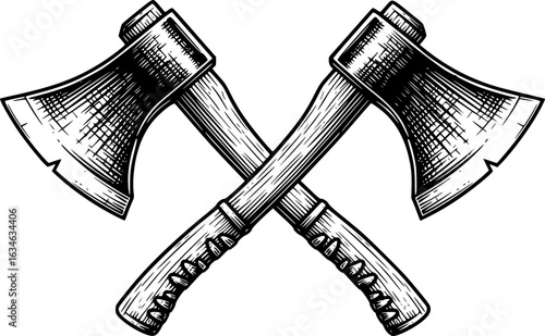 Two Crossed Axes in Detailed Black and White Engraved Style Illustration