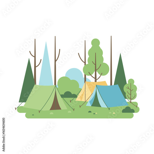 Camping Scene with Tents in a Forest Clearing