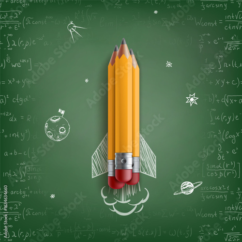 Pencils like a rocket flies against the background of a school green board with mathematical formulas. Vector illustration
