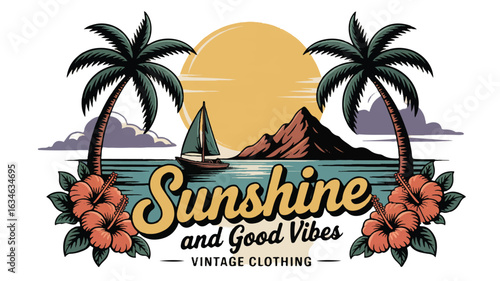 Vintage sunshine and good vibes tropical beach scene logo