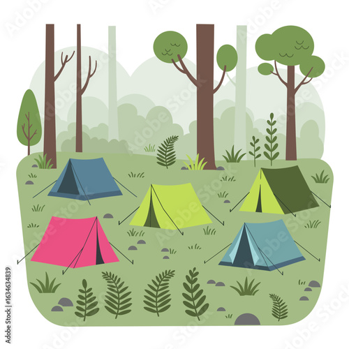 Camping Scene with Five Tents in the Woods