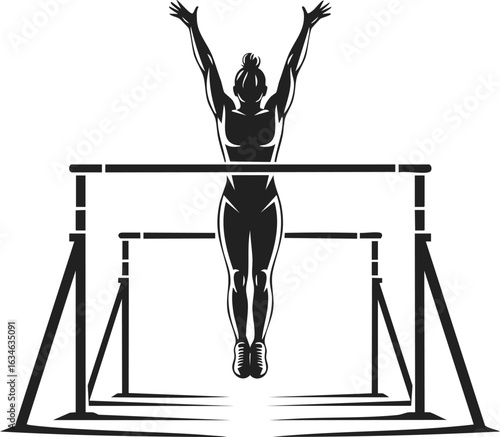 Gymnast performing on uneven bars, athletic movement, gymnastic apparatus, balance, strength, fitness routine