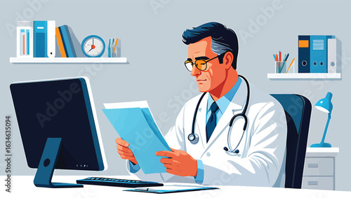 Physician at his desk reviewing patient medical records, healthcare concept vector illustration