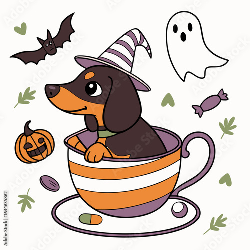 A Loving Dachshund with sitting in a teacup ride in a Halloween theme – Spooky Fun palette SVG illustration