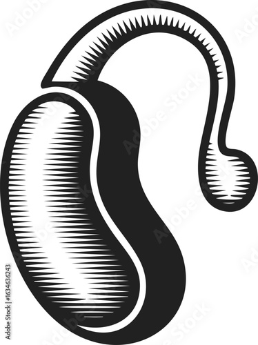 Hearing aid, auditory device, sound amplifier, assistive listening tool, vintage style illustration of a behind-the-ear hearing aid