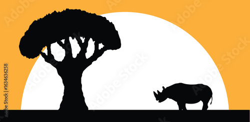 African Rhino Silhouette Backlit by Sunset or Sunrise. Nature and exotic safari animals vector art