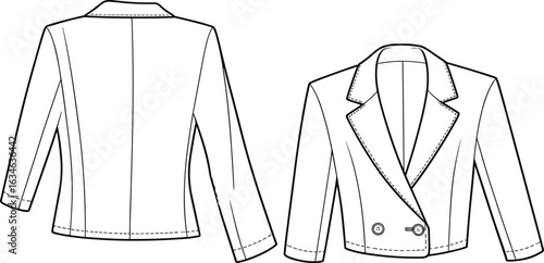 Technical flat sketch of women’s cropped blazer jacket front and back view, vector fashion illustration, tailored jacket template design.
