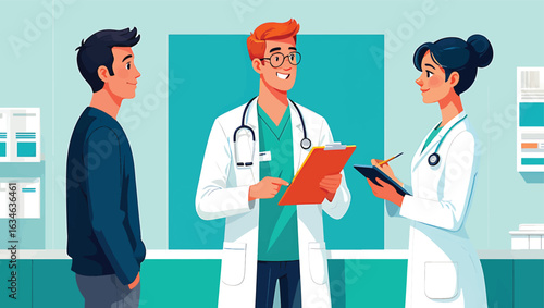 Medical team with a patient during a consultation in the hospital. Vector illustration.