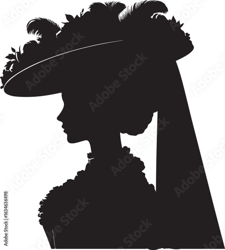A black and white silhouette depicts a woman in profile view, adorned with an extravagant wide-brimmed hat embellished with feathers and flowers, and a long veil that gracefully flows behind her.