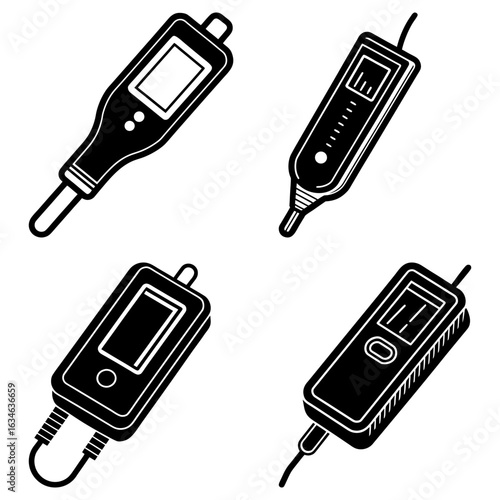 Four black and white illustrations of digital multimeters with screens and attached wires shown clearly