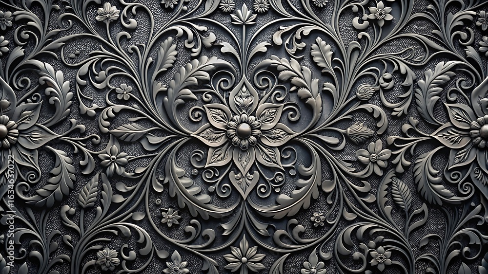 Ornate Dark Gray 3D Floral Damask Pattern; Elegant, Luxurious, Vintage Style Texture Background