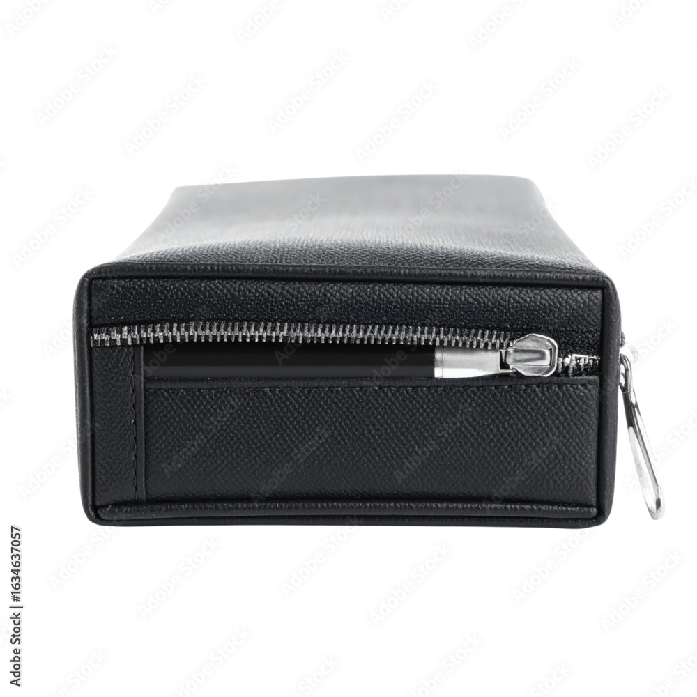 Naklejka premium Black leather wallet with zipper and sleek design for organized storage and everyday use