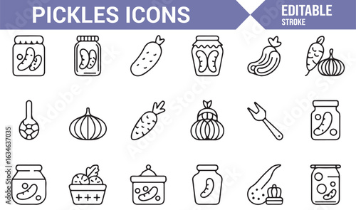 Set of Pickled Vegetables and Food Preservation Icons for Grocery and Home Storage