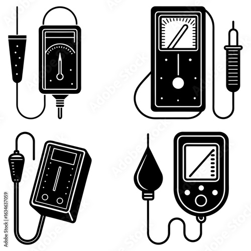 Illustration of four different types of analog and digital multimeters with probes and wire connections