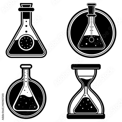 Illustration of scientific glassware including flasks and an hourglass in black and white style
