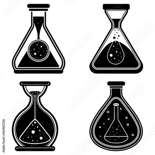 Four stylized black and white science beakers with varying contents and unique shapes displayed nicely