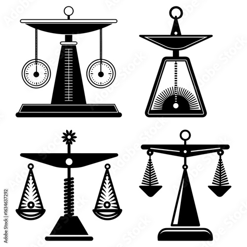 Illustration featuring four different styles of scales, each rendered in a simple black and white design