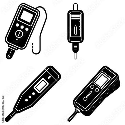 Illustration of four different types of digital measuring devices in black and white outline style design