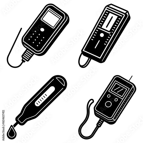 Illustration of four different black and white measuring devices with various designs and functionalities