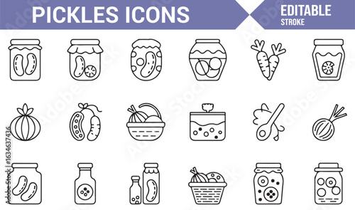 Set of Icons Representing Pickles, Jars, and Fermented Vegetables for Food Storage