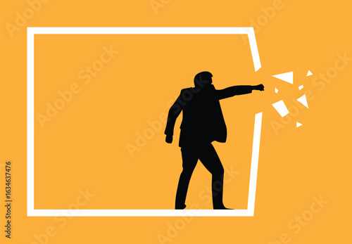 Silhouette of a Business Man Breaking through and Obstacle. People determined to be free, freedom and confinement vector art