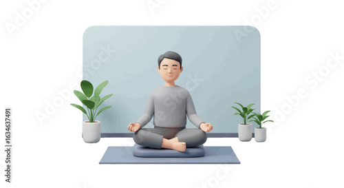 3D vector of person meditating in hospital wellness center plain white background