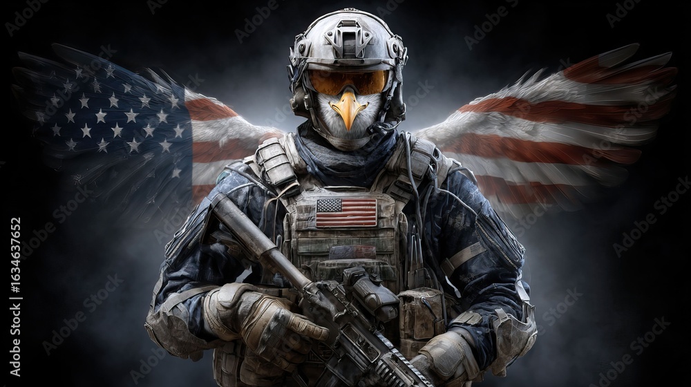 Fototapeta premium A soldier with an eagle's head and US flag wings, representing strength and freedom