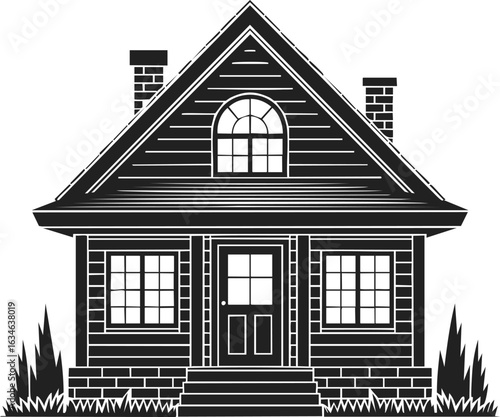 House, vintage architectural design, charming home, cozy dwelling, residential structure, rustic features, engraved illustration, inviting facade, classic style, detailed craftsmanship