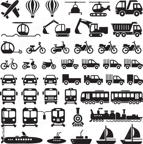 vector icon set of transportation and machinery in grid layout featuring air land water vehicles and construction equipment